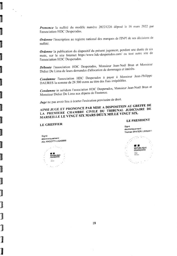 CONDAMNATION PAR LE TRIBUNAL JUDICIAIRE DE MARSEILLE DU NEO HDC DESPERADOS